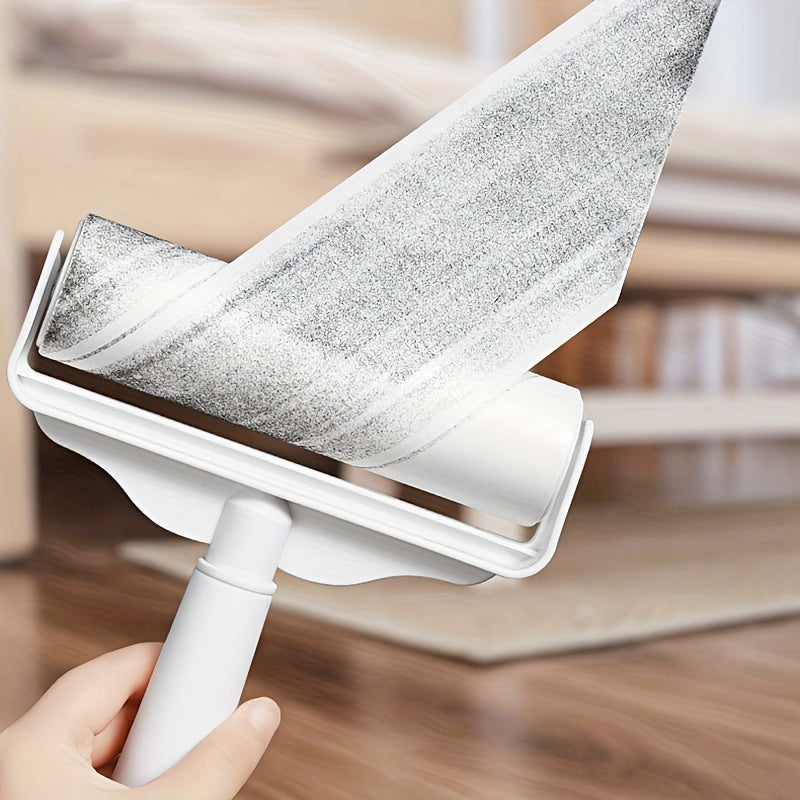 Long-handled pet hair removal roller designed for ergonomic use, with tearaway sticky sheets for effortless cleaning. Perfect for removing dust from sofas and carpets without the need for power.