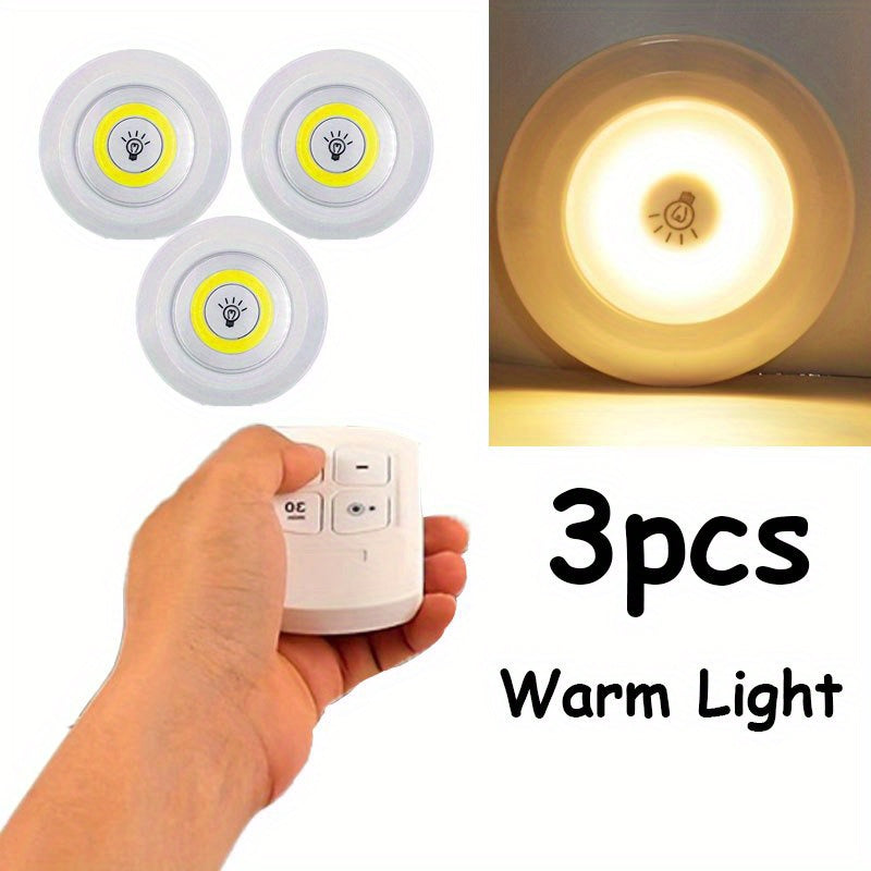 6 Motion Sensor LED Lights in 3 piece set, wireless COB under-cabinet lighting made of plastic. Battery powered with remote control for use in wardrobe, stairs, kitchen. Batteries not