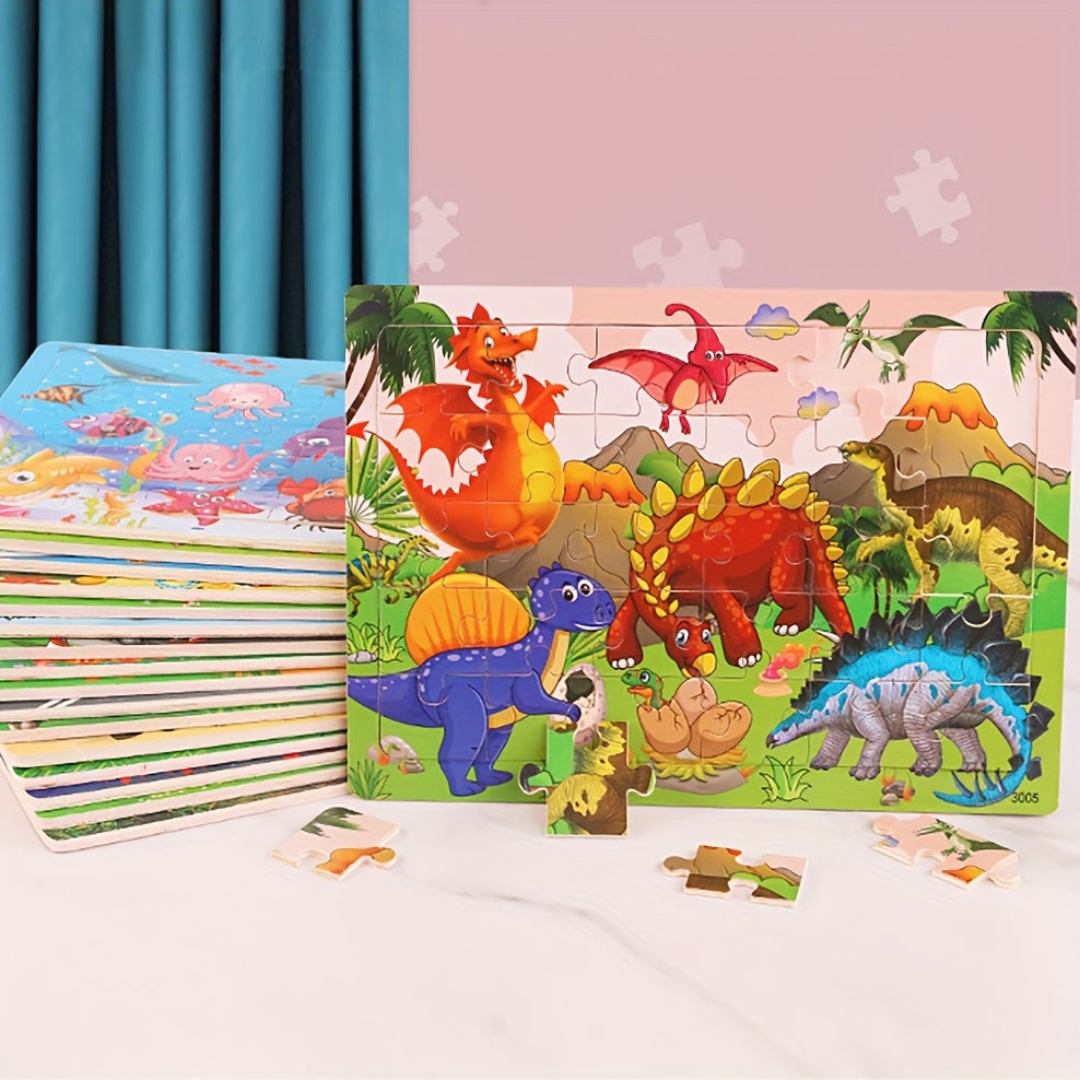 30-piece wooden puzzles featuring animals, dinosaurs, and cartoons for children to enhance their hands-on skills and kindergarten education.