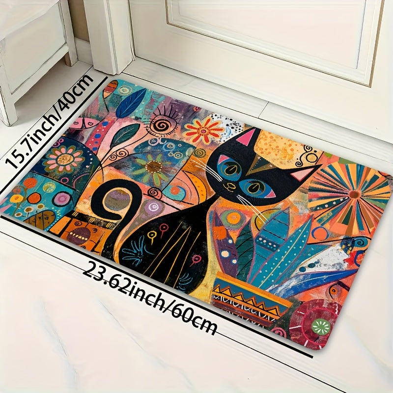 Abstract Art Cat Doormat - Easy to Clean in Washing Machine, Non-Slip PVC Backing, Made of Durable Polyester - Rectangle Mat for Bathroom, Kitchen, Living Room, or Bedroom - Stylish Entryway Decor Rug