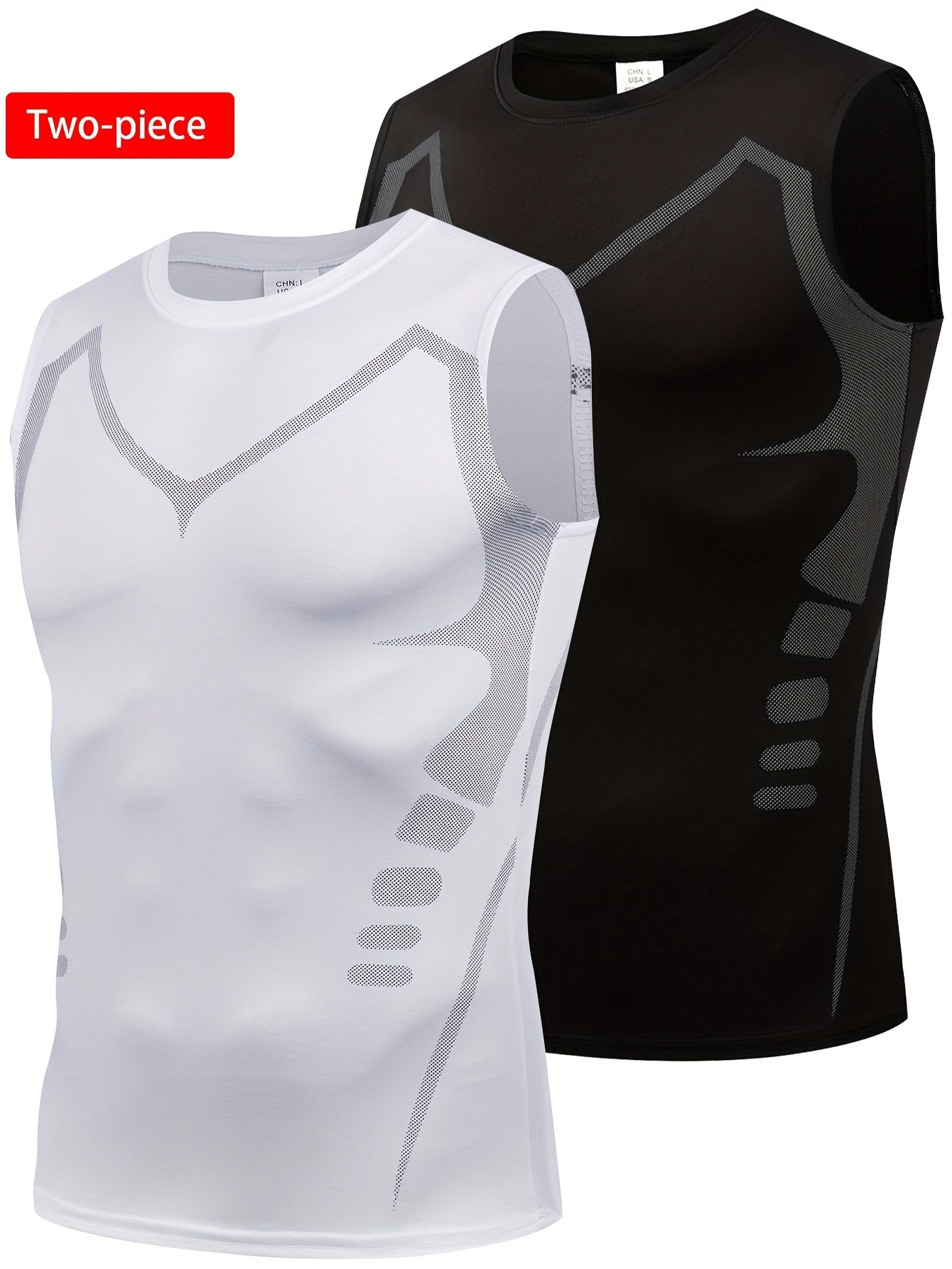 Men's 2-piece athletic tank tops with quick-dry, breathable and slimming compression, featuring a geometric design.