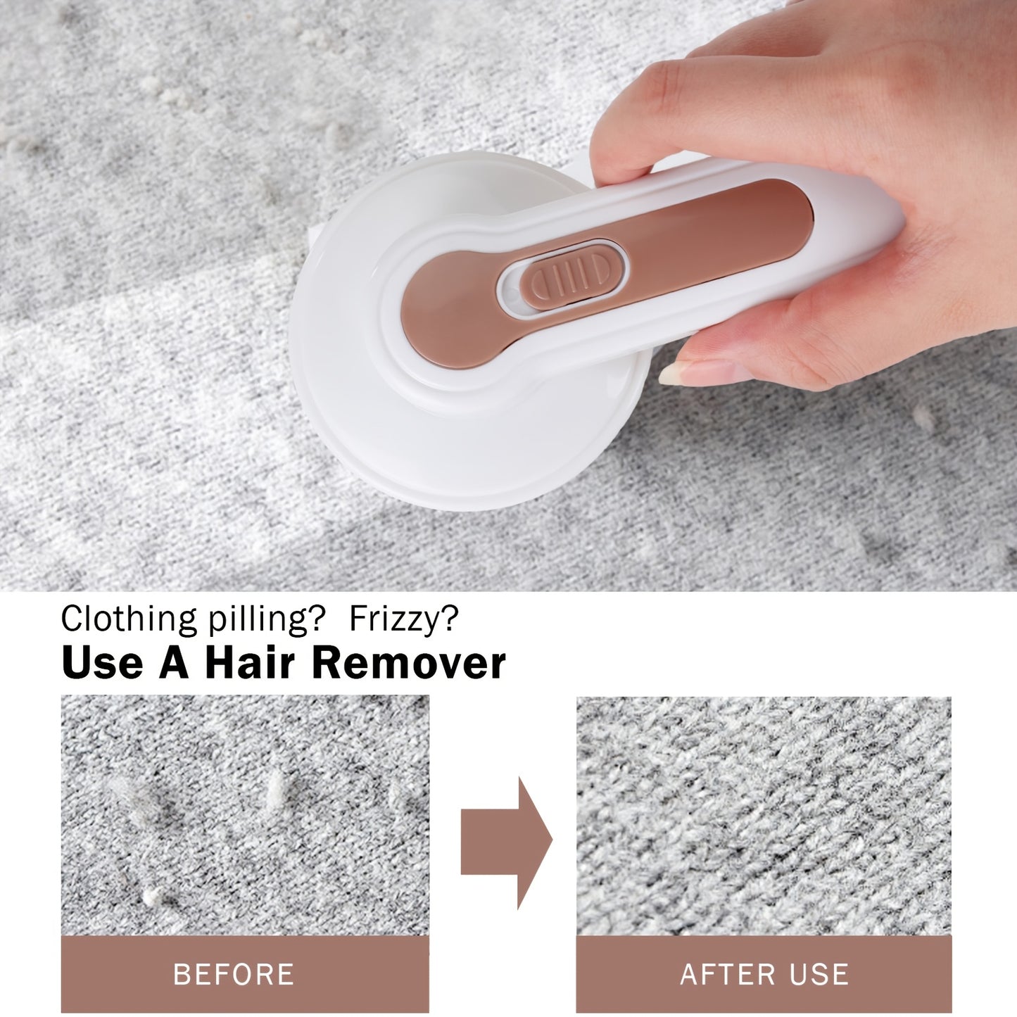 Portable rechargeable electric lint remover effectively removes pill fuzz from clothing, furniture, and carpet with USB cable and cleaning brush.