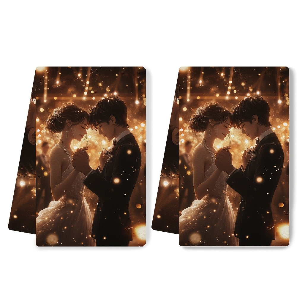 Get a pair of luxurious kitchen towels showcasing a charming anime couple dancing in a dazzling ballroom surrounded by twinkling lights and music. These super absorbent dish towels are ideal for adding a festive touch to your home decor during the