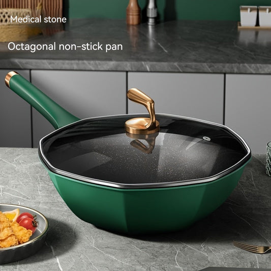 "Wheat Straw Stone Coated Octagonal Non Stick Pan - 1 Piece measuring 34CM. Features a flat bottom design suitable for low oil frying. Compatible with induction cookers and gas stoves. Perfect for use in households as a versatile kitchen cookware supply.