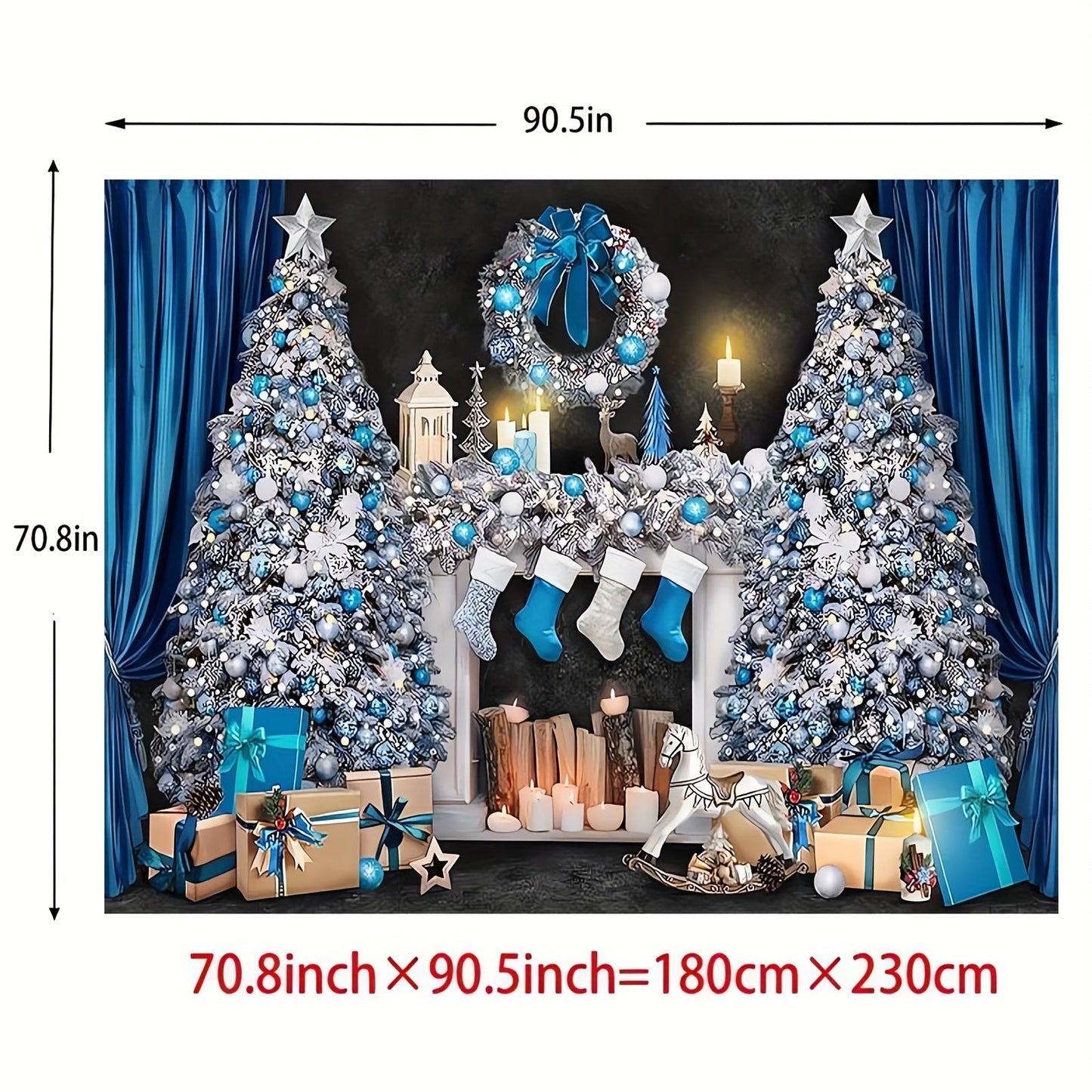 Retro Blue and White Christmas Mantelpiece Scene with Presents and Tree - Ideal for Photo Booths, Events & Decorating Your Home