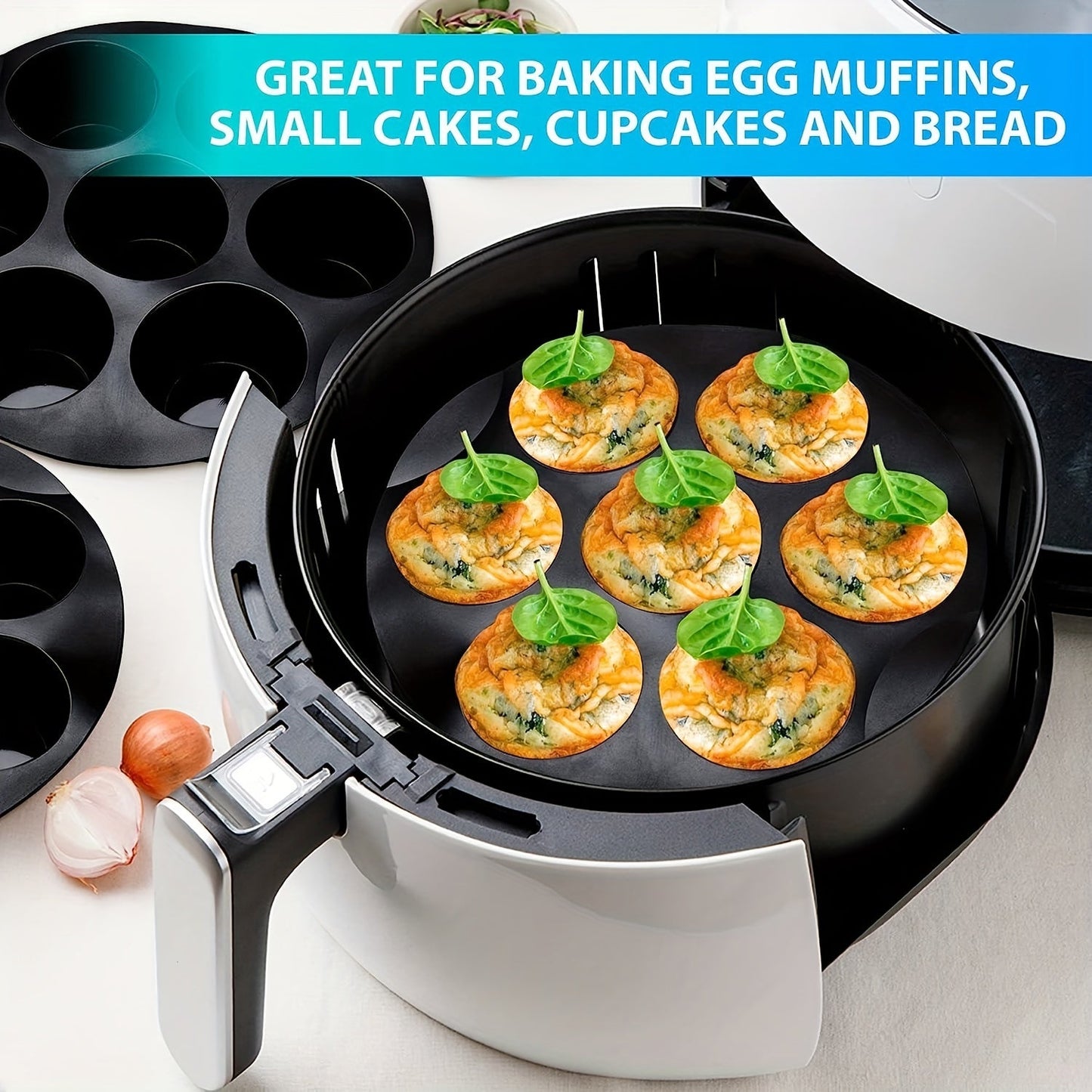 Get your hands on the Air Fryer Muffin Pan, a silicone mini cupcake mold that fits 3.7QT - 6.1QT air fryers. This versatile baking tool is a must-have kitchen gadget for all your baking needs.