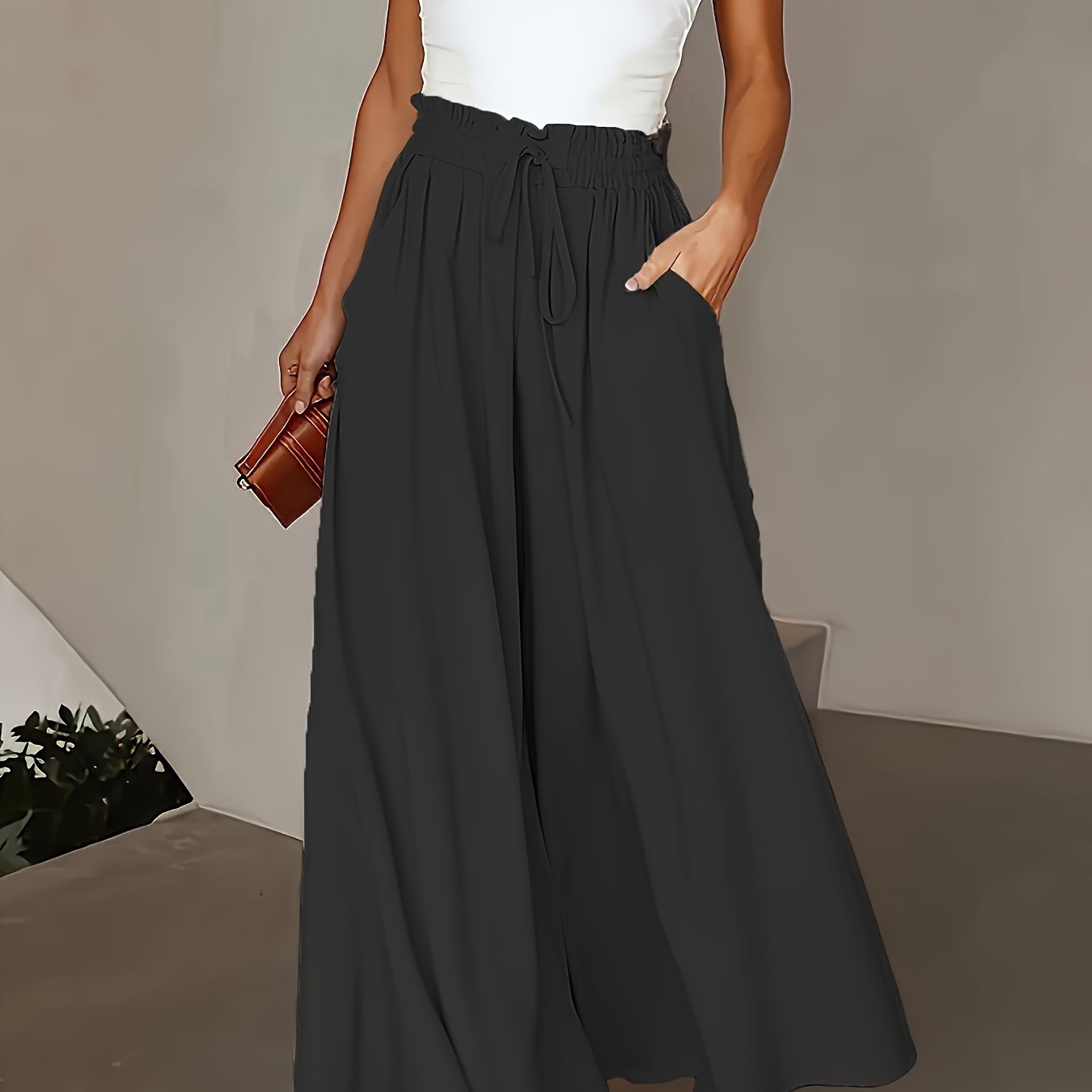 Wide leg lace-up pants for plus size women, perfect for spring and summer casual wear.