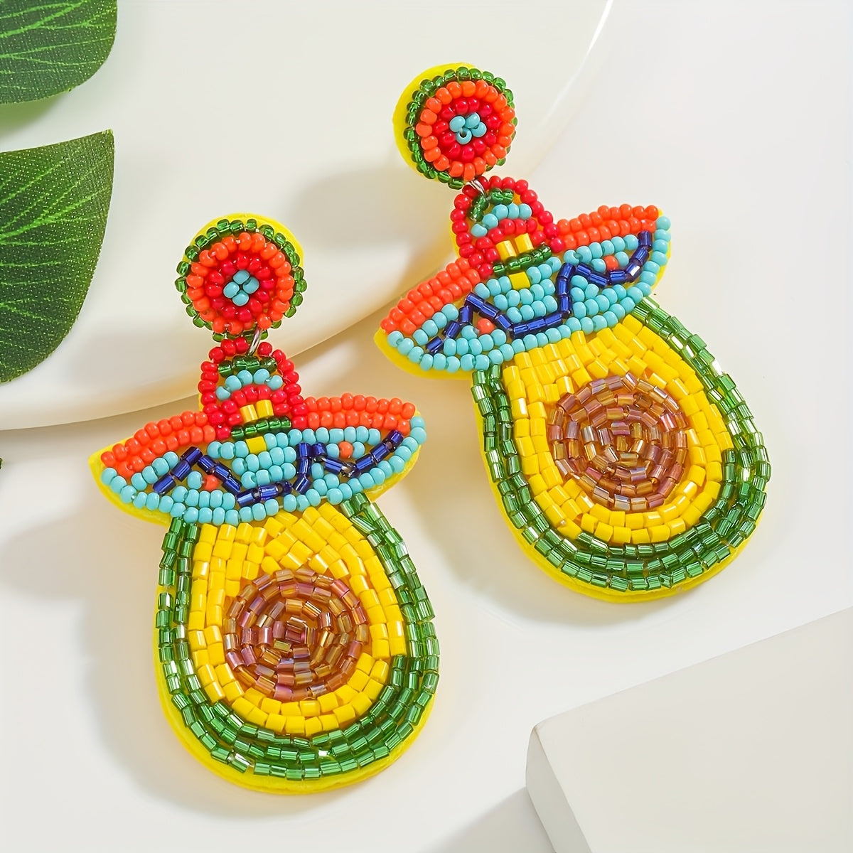 Handcrafted Bohemian Beaded Cactus Hat Earrings with Stainless Steel Posts, Vibrant Plant Design for Women - Ideal for Everyday Wear and Celebrations