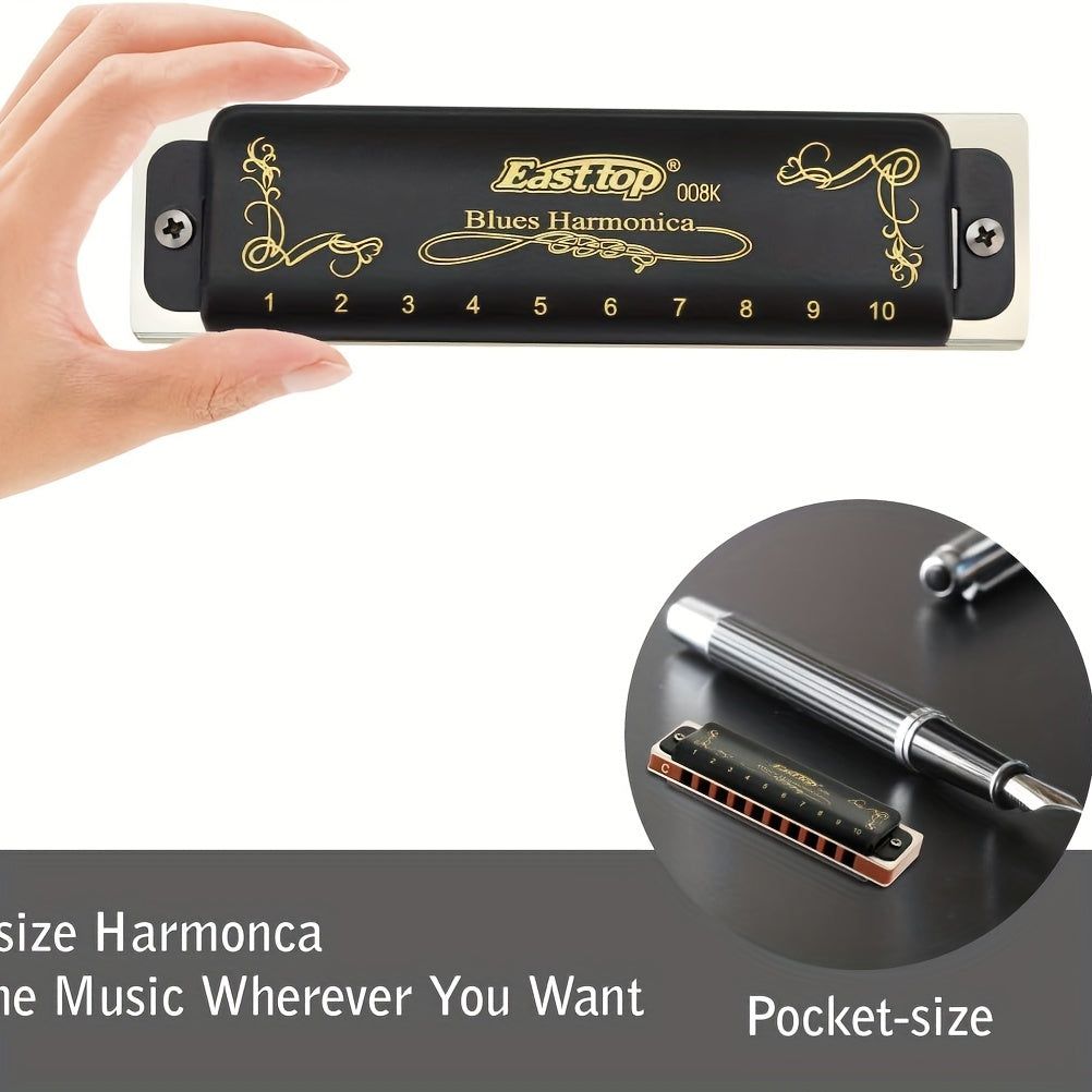 Easttop Blues Harmonica in C Major, Metal with Black Finish, includes Carrying Case.