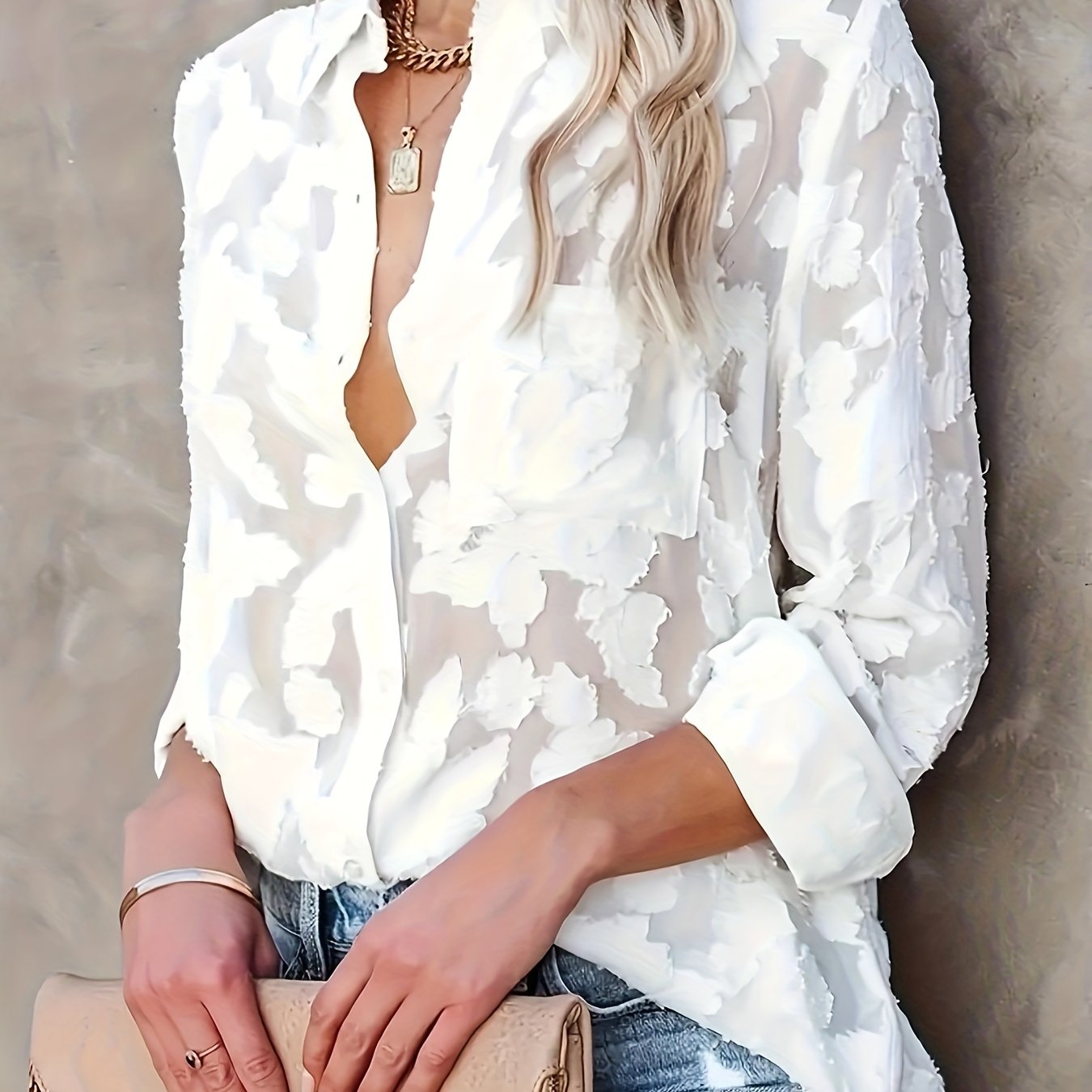 Jacquard sheer loose blouse with long sleeves, perfect for spring and fall.