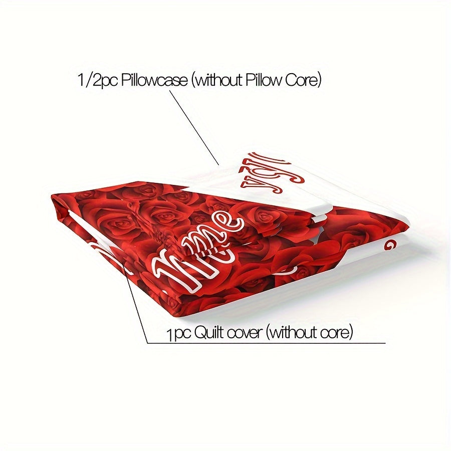 Red Rose Duvet Cover Set with 2 Pillowcases - Soft and Suitable for All Seasons