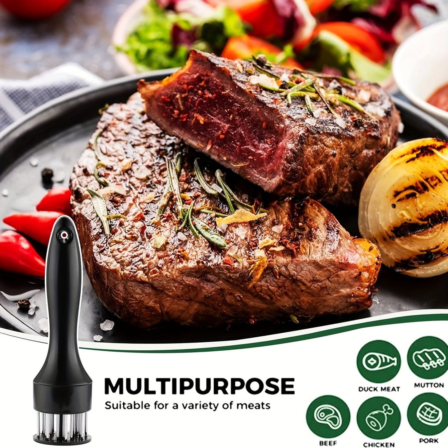 This meat tenderizer tool features a stainless steel needle and ultra-sharp blade, making it ideal for tenderizing a variety of meats such as chicken, beef, steak, veal, and pork. Whether you're cooking at home or in a restaurant, this kitchen gadget is