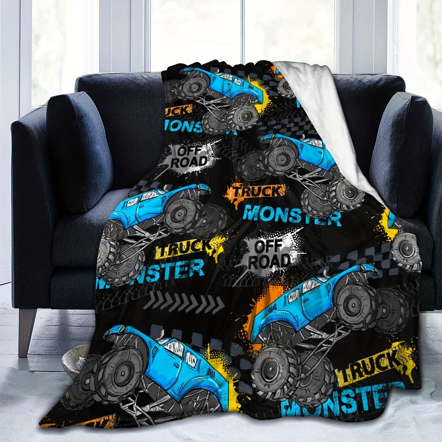 Stay Warm and Cozy with our Monster Truck Flannel Blanket - Perfect for Bed, Sofa, or Home Decor, Provides Year-Round Comfort and Durability