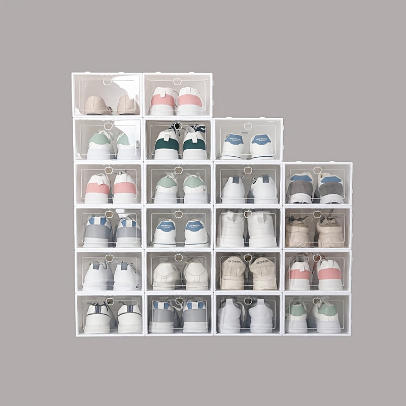 12 clear shoe boxes with hinged lids, collapsible storage containers, drawer-style clear shoe organizer, plastic shoe holder, multi-tier space-saving storage system.