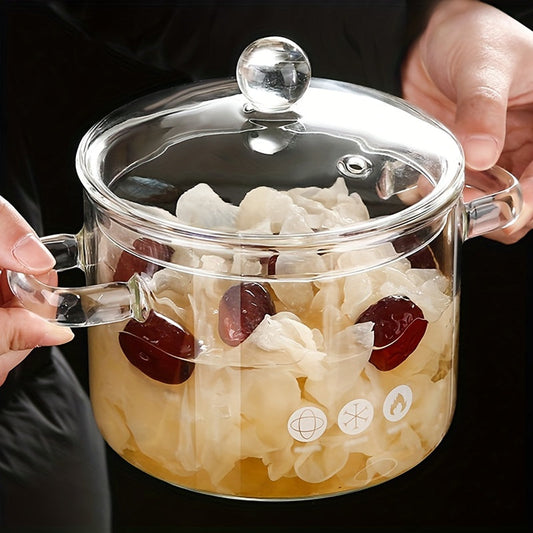 Transparent cooking pot with lid, resistant to high temperatures for gas stoves. This mini soup pot is made of high borosilicate glass, perfect for household use. It has a thickened large capacity, ideal for making supplementary food, soup, or stew.