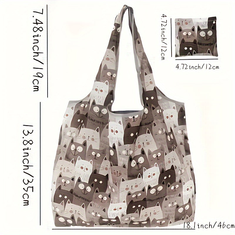 Hand Washable Reusable Polyester Shopping Tote with Cute Cartoon Cat Design, Foldable and Compact Pocket Included