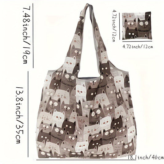 Hand Washable Reusable Polyester Shopping Tote with Cute Cartoon Cat Design, Foldable and Compact Pocket Included