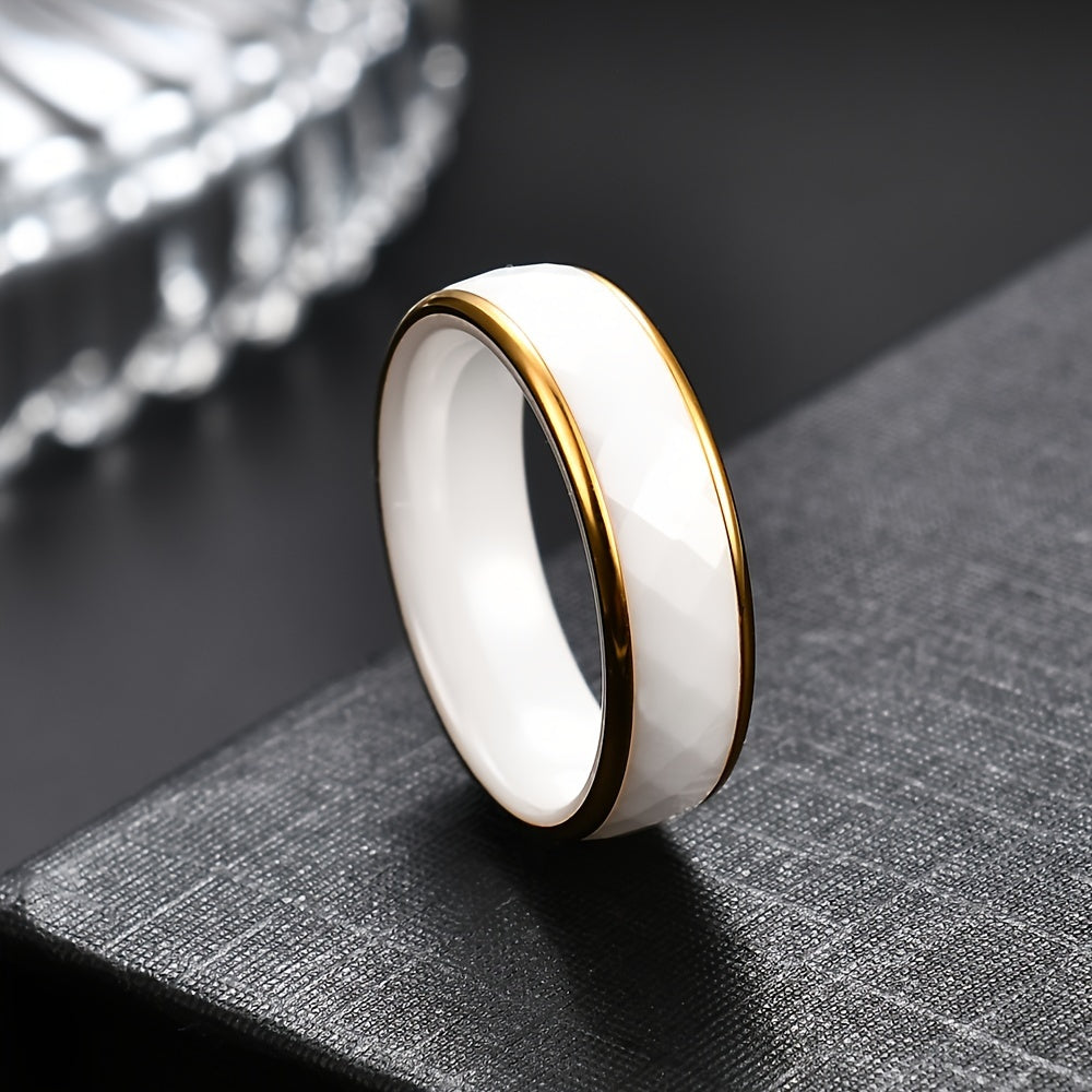 Stylish 6mm Wide Stainless Steel Black and White Ceramic Prismatic Faceted Ring, Perfect for Men and Women with a Minimalist Personality, Ideal for Everyday Wear, showcasing an Elegant and Versatile Temperament