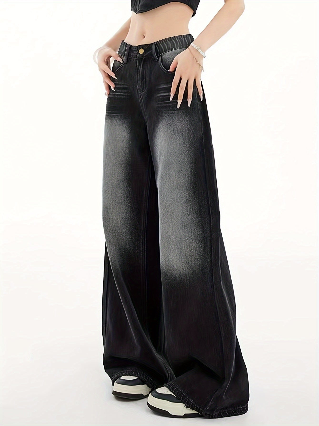 Chic black washed denim pants for girls, slim and straight-legged, perfect for casual and versatile styling.