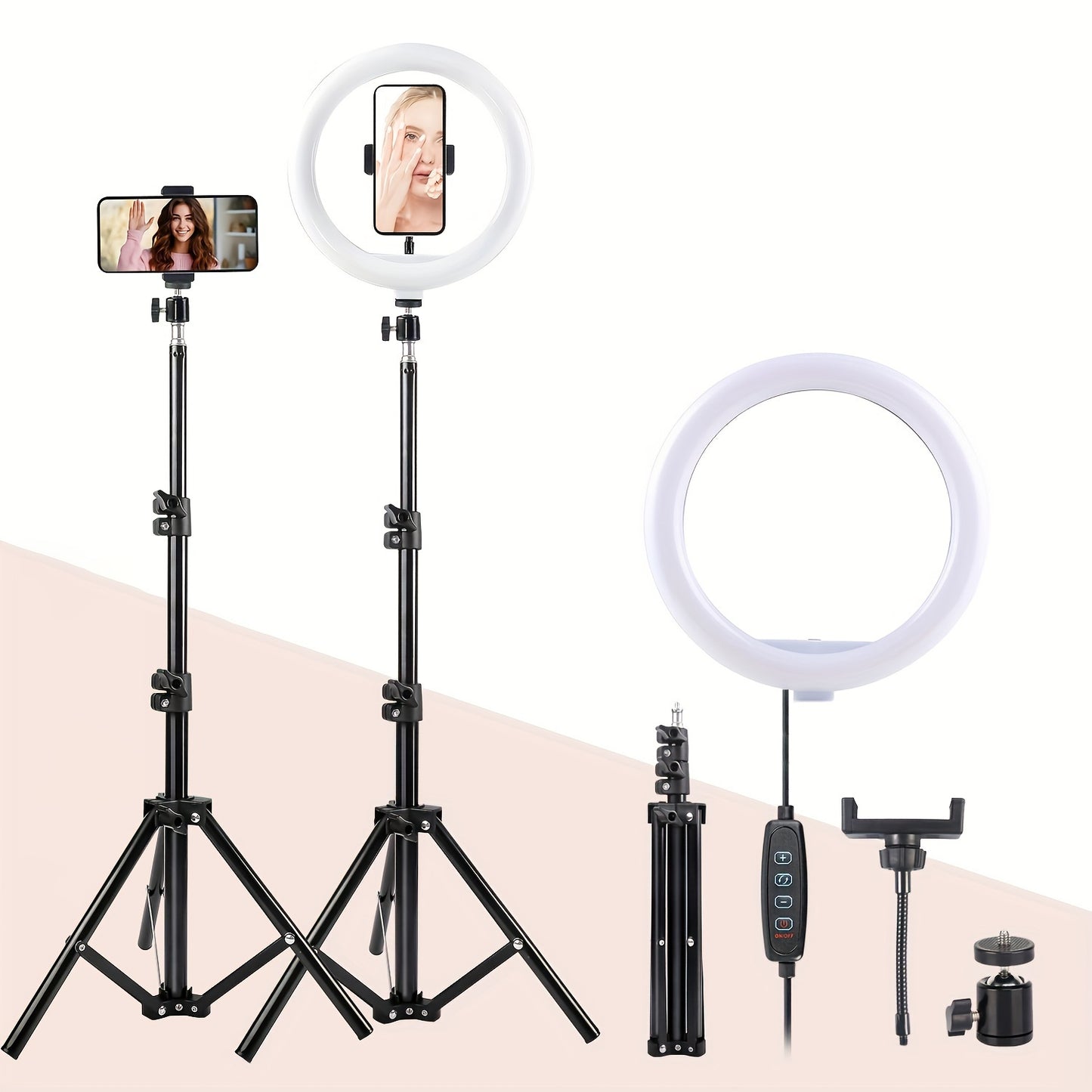 10-inch LED light with extendable tripod stand and phone holder for selfie camera photography - ideal lighting for travel, makeup, videos, and live streaming.