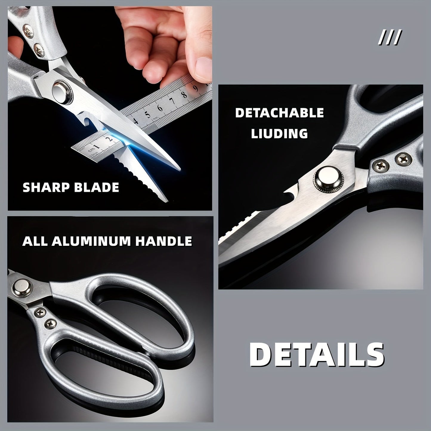 Stainless Steel Multi-Function Kitchen Scissors with Nutcracker and Bottle Opener - Ultra Sharp Utility Shears for Meat, Vegetables, Fish, Chicken, Salad, and BBQ - Includes Fish Scale Scraping Feature - Essential Kitchen Supplies and Accessories