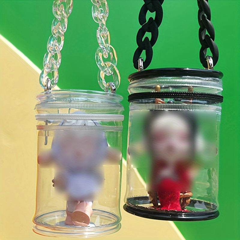 Transparent Walking Doll Display Storage Bag with Bubble Mart Mystery Box design, featuring a hanging decorative bag with a clasp closure.