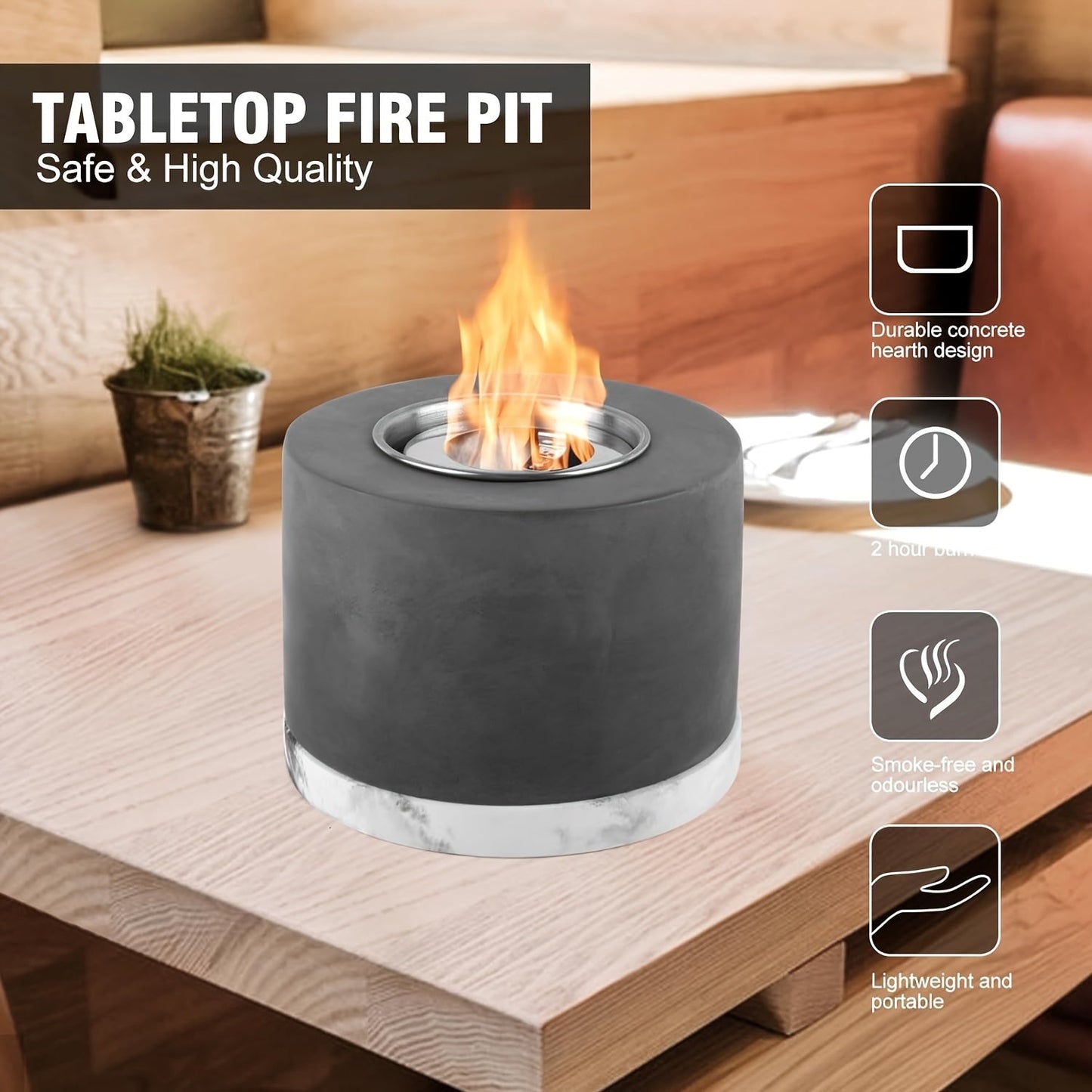 This stainless steel mini alcohol fireplace is a sleek and portable tabletop fire pit, perfect for bringing warmth and ambiance to both indoor and outdoor spaces. At 4.72 inches high and 4.72 inches in diameter, it is ideal for enhancing your patio