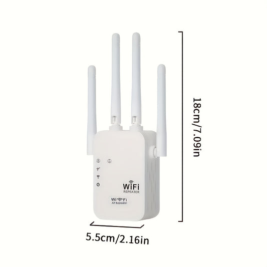 Dual band WiFi extender with 1200Mbps speed, 4 antennas, 35 device connectivity, 4 modes, easy setup, Ethernet port, European plug, no battery needed.