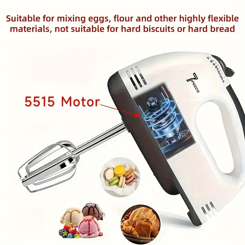 Compact high-speed electric mixer with 7 speed control, suitable for various baking tasks. Ideal for whisking cream, cake batter, and flour. Made of durable plastic, 220V-240V with European