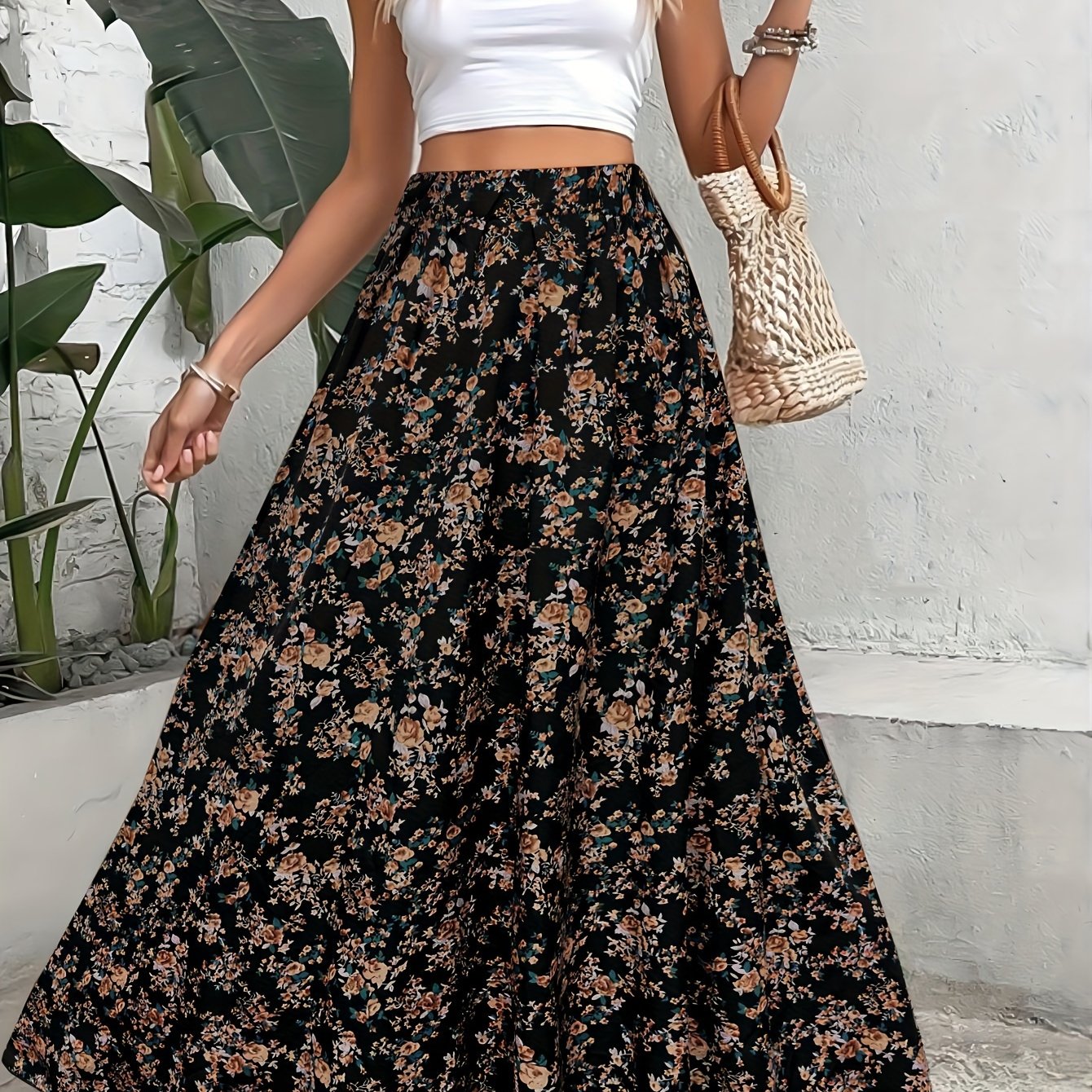 Bohemian style long skirt with small floral design and elastic waist.