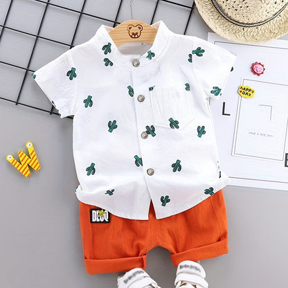 Set of 2 toddler boys' outfits featuring dinosaur print button shirt and elastic waist shorts for daily and outdoor wear.