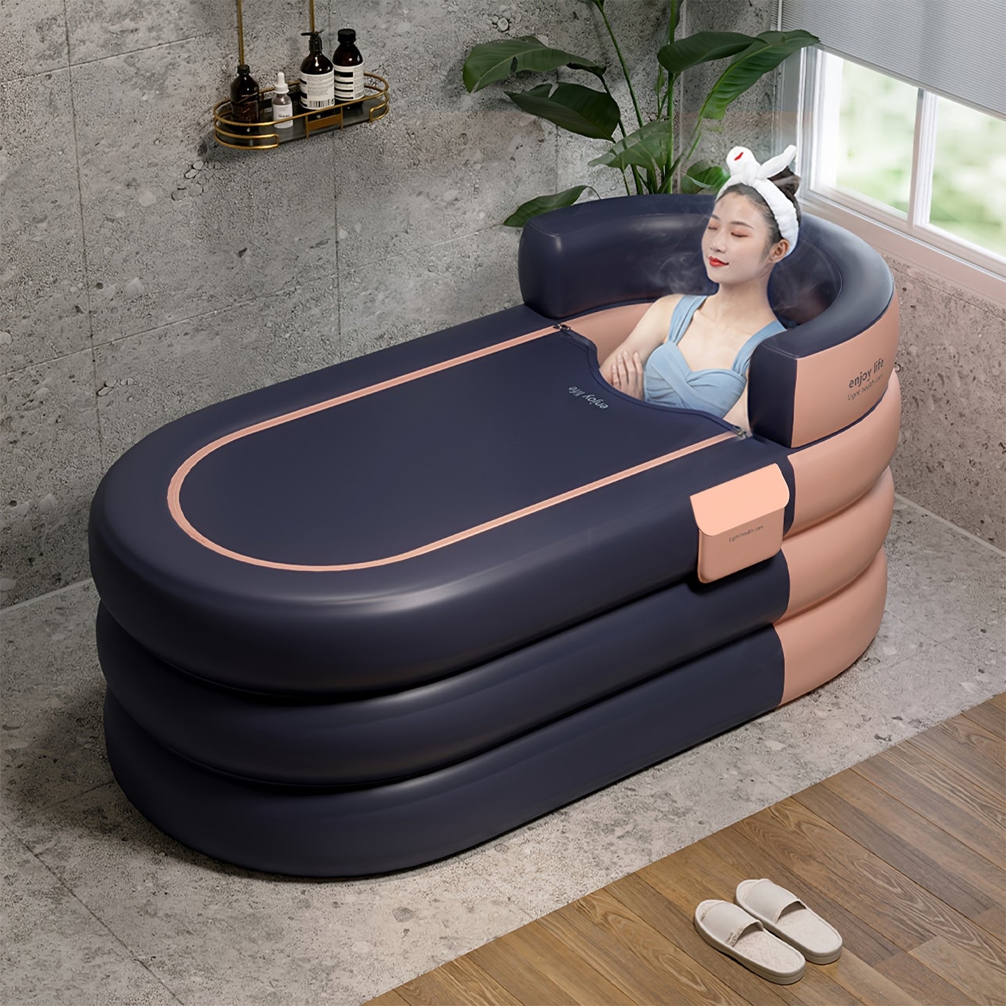 Portable and foldable spa bathtub with thick, easy-inflate and drain design for indoor/outdoor use.