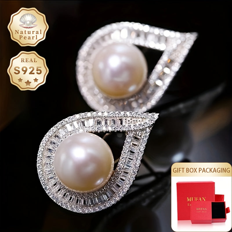 Elegant Vintage Freshwater Pearl Stud Earrings with Peacock Feather Design - Made of Natural Stone, 925 Sterling Silver, June Birthstone, No Plating, Sparkling Zirconia Inlay, Large 12-13mm Round Pearl, Perfect for Daily Wear and Gifting, Comes in a