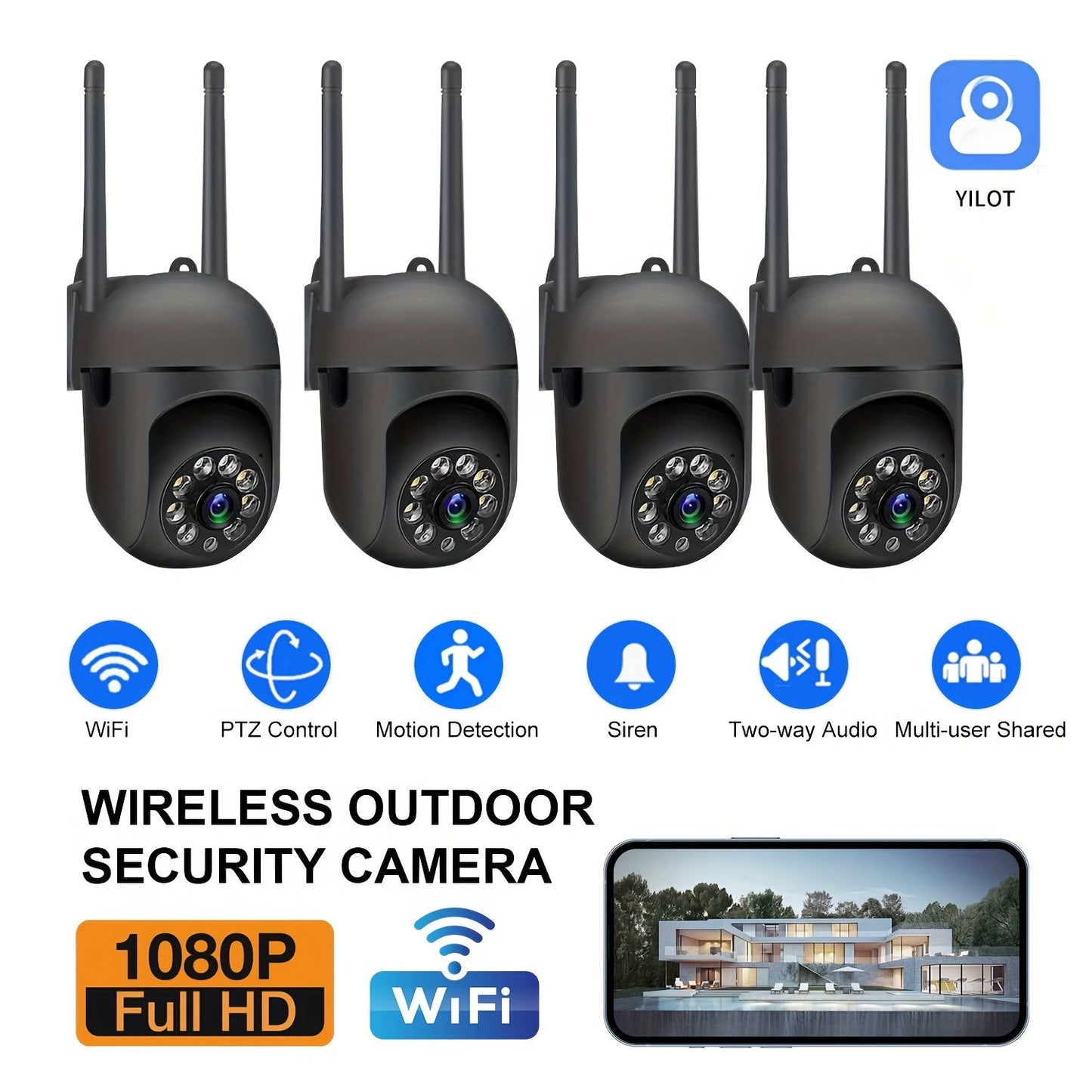 WJG 1080P HD Wireless Security Camera 4-Pack: Features 355° Pan-Tilt, Two-Way Audio, Motion Detection, Auto Tracking, App Control, USB Powered, 2.4GHz WiFi, Smartphone Compatibility. Ideal for Indoor/Outdoor Surveillance.