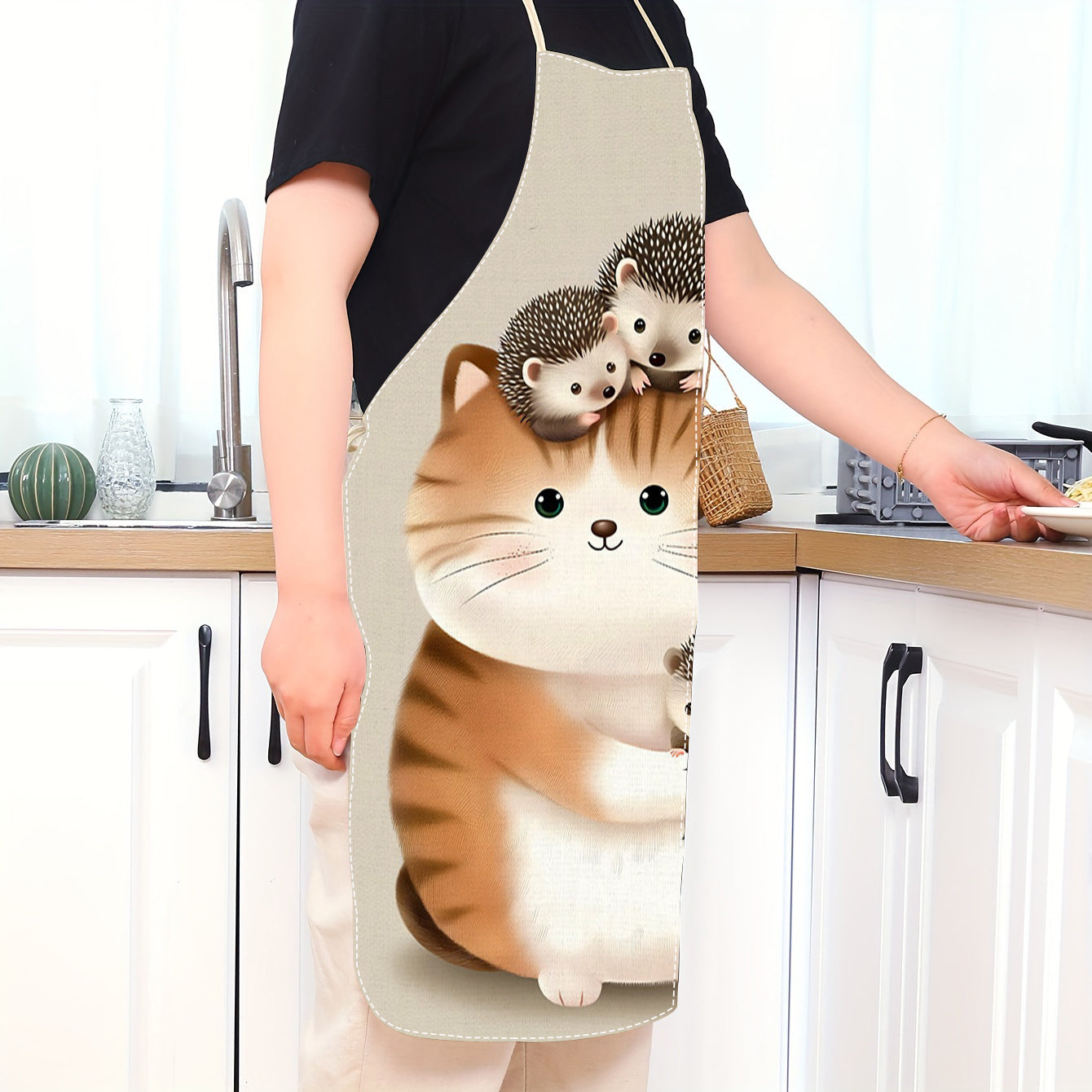 An adult-sized linen apron perfect for home cooking, sleeveless kitchen attire featuring a printed bib design, and essential kitchen accessories.