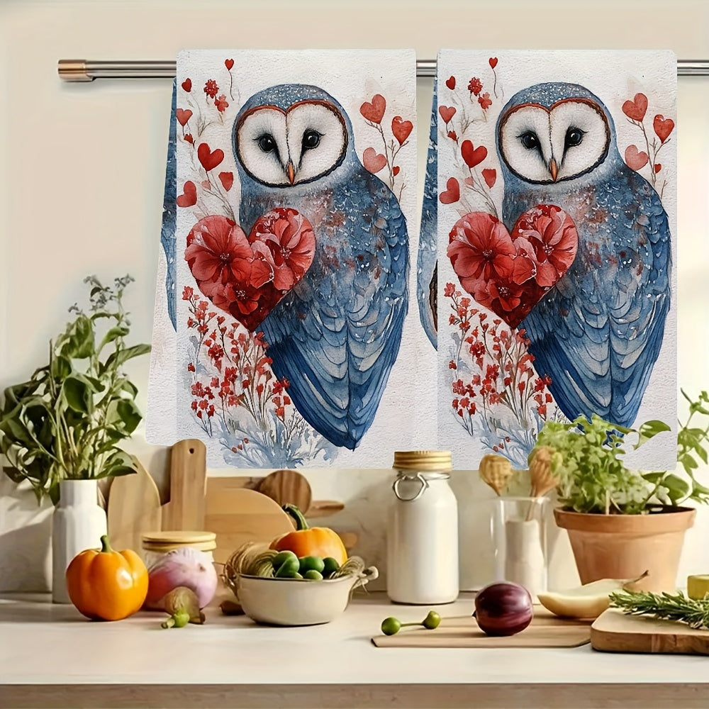 Valentine's Owl Design Kitchen Towels - Set of 2, Ultra Soft and Highly Absorbent, Machine Washable Dish Hand Towels, 40.64x60.96 cm - Ideal for Holiday Decor and Everyday Use in the Kitchen