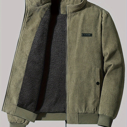 Men's Casual Corduroy Stand-up Collar Zipper Jacket with Pockets, Chic Fleece-lined Bomber Jacket for Outwear