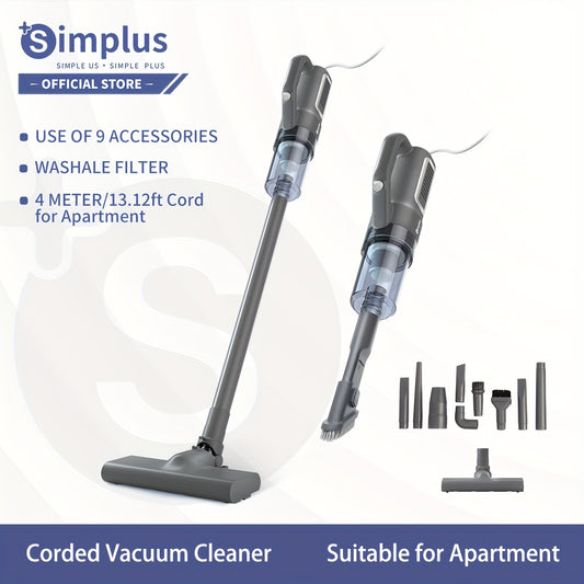 Simplus Vacuum Cleaner offers powerful cleaning with 16000PA suction, 400W power, and a 0.5L dust cup. The nine-piece set includes a dual filtration system and a 4-meter cord for