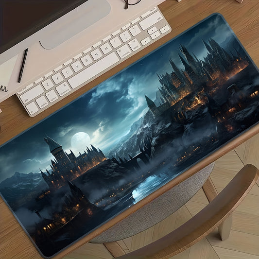 Castle Night Large Extended Gaming Mouse Pad made of rubber material with non-slip washable desk mat and precision edge stitching, ideal for gifting.