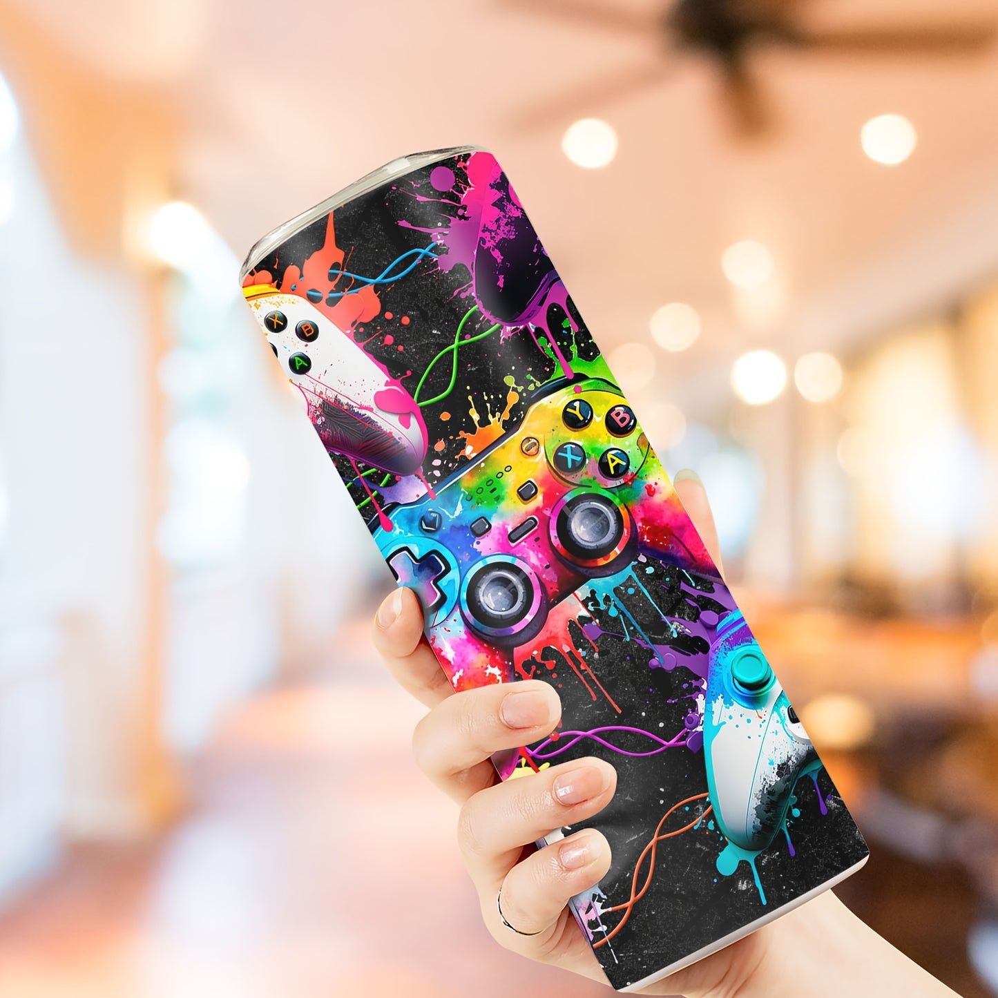 20oz Stainless Steel Insulated Water Bottle featuring a Colorful Game Controller Design - Includes Straw, Ideal Gift for Gamers - Hand Wash Only.