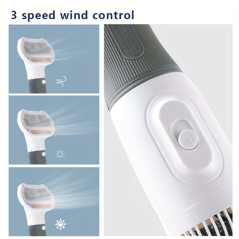 Professional pet grooming blow dryer for cats and dogs with 3 speed wind control and 3 blowing modes, no battery required. Includes pet hair remover comb and fur brush for styling.