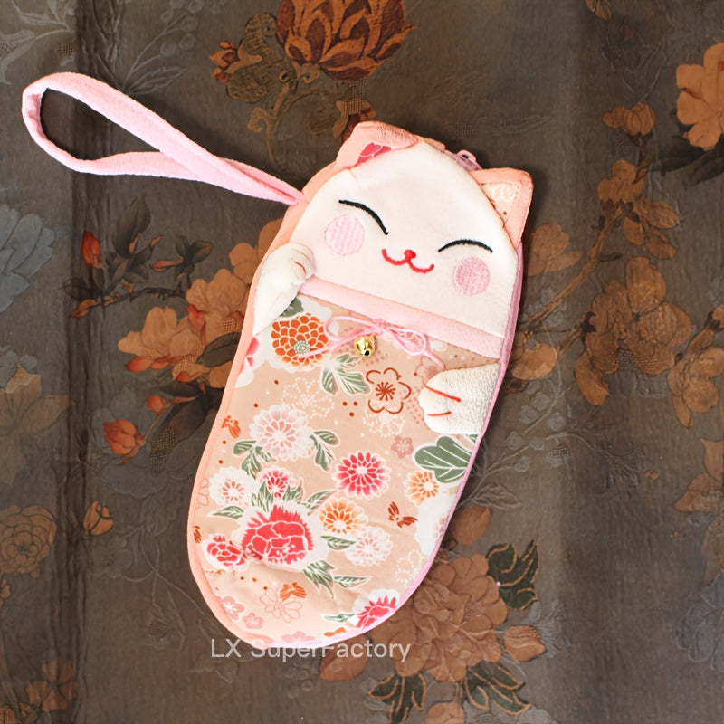 Soft fabric glasses case featuring a lucky cat design, perfect for storing eyewear in a Chinese-inspired knitted style pouch. Lens case included.