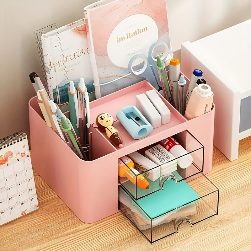 Multifunctional desktop organizer with two drawers for spring, ideal for organizing office supplies, vanity essentials and school items. Made from durable plastic, perfect for offices