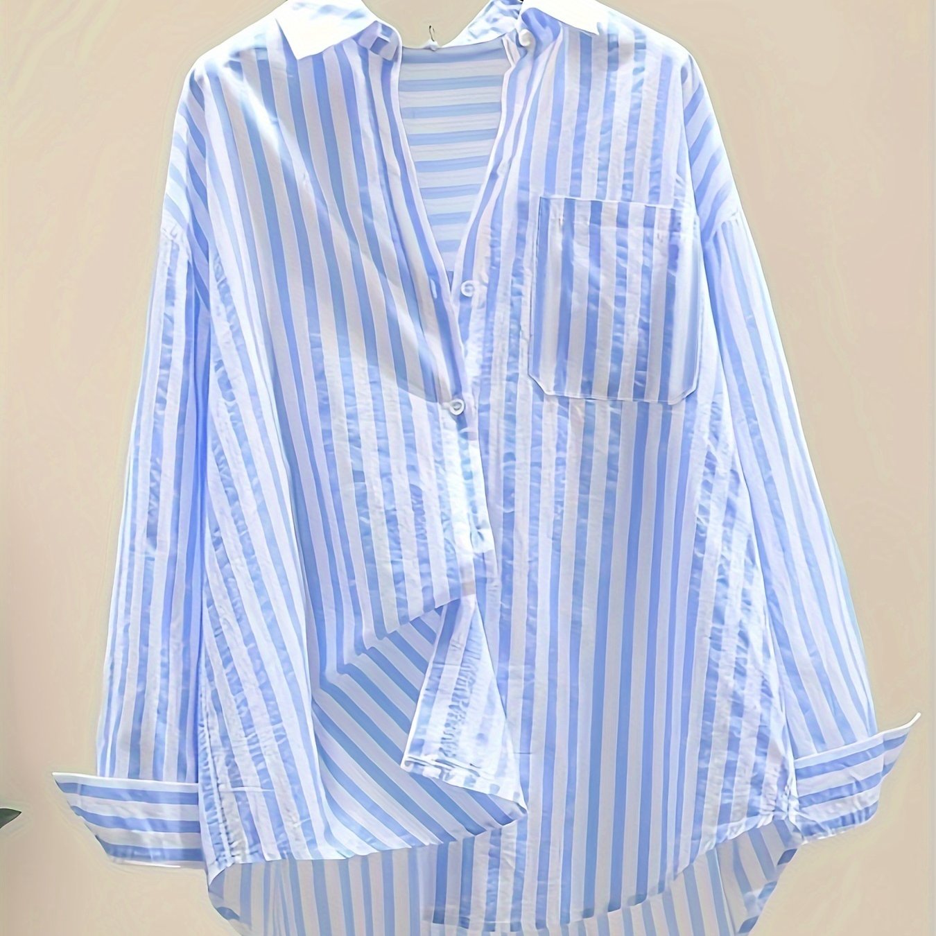 Women's Striped Button-Up Shirt: 100% Polyester, Long Sleeve, Lapel Collar, Casual Vacation Style, Sun Protection - Spring/Summer/Fall Collection