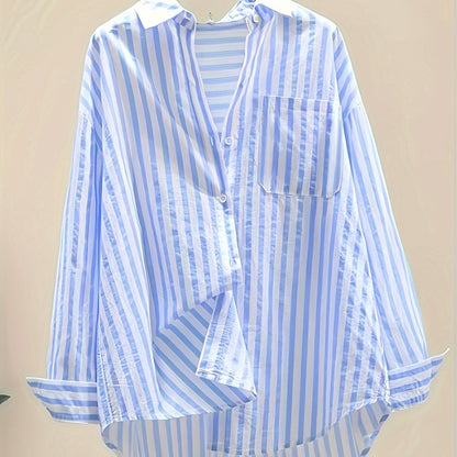 Women's Striped Button-Up Shirt: 100% Polyester, Long Sleeve, Lapel Collar, Casual Vacation Style, Sun Protection - Spring/Summer/Fall Collection