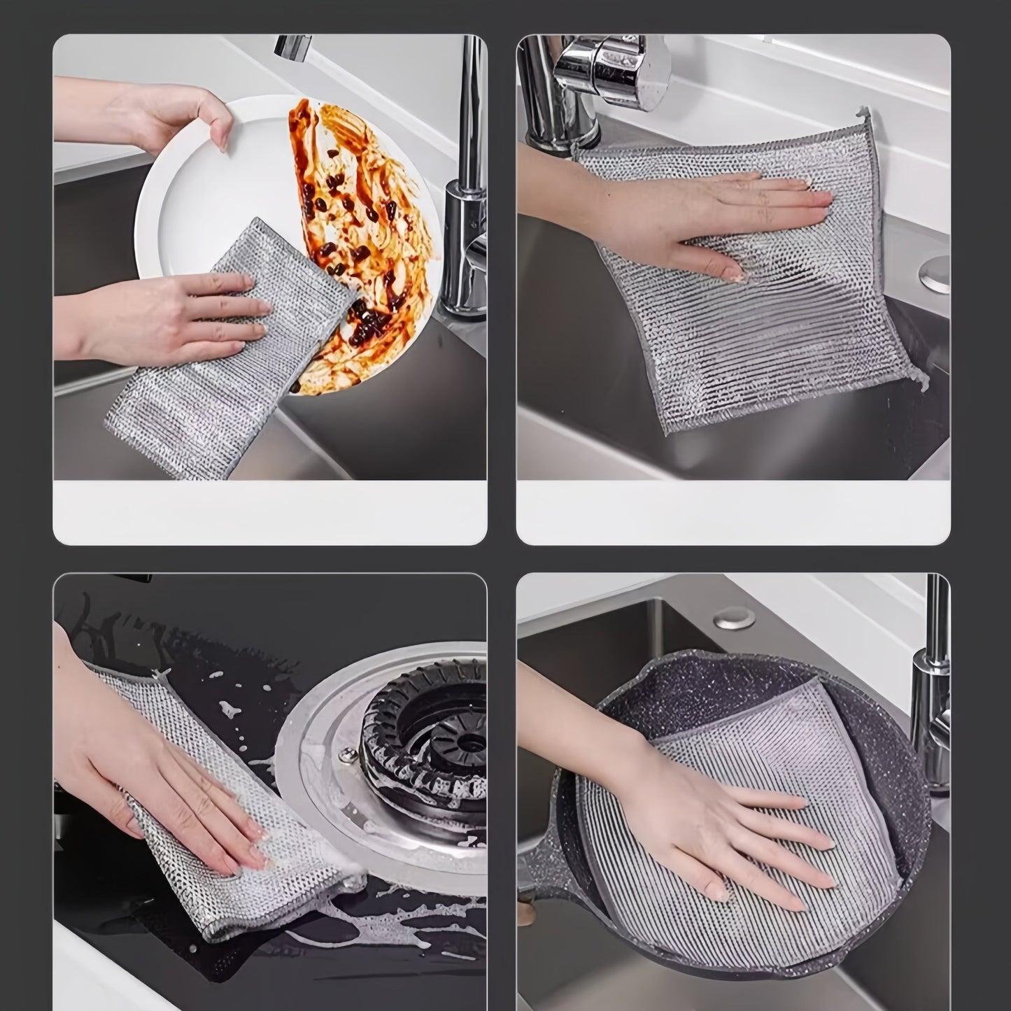 Kitchen scrubbing pads with a double-layer silvery edge are available in packs of 5 or 15. These scratch-resistant cloths can be used wet or dry for cleaning tableware, steel wire, and various surfaces such as bathroom doors and windows. The magic