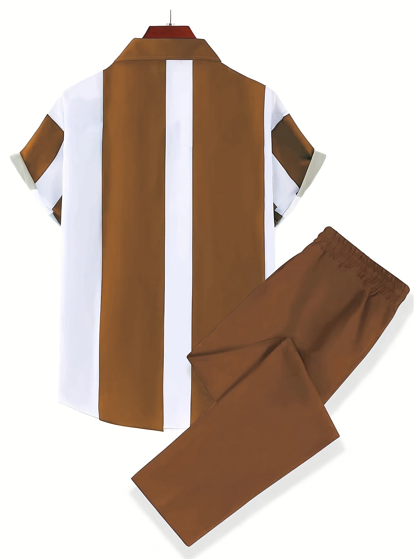 Men's casual collar short sleeve shirt and straight pants suit made of polyester.