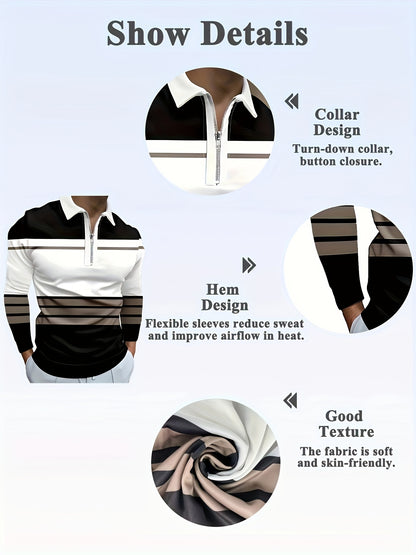 Men's long-sleeve striped print casual polo shirt with zipper and fashionable collar.