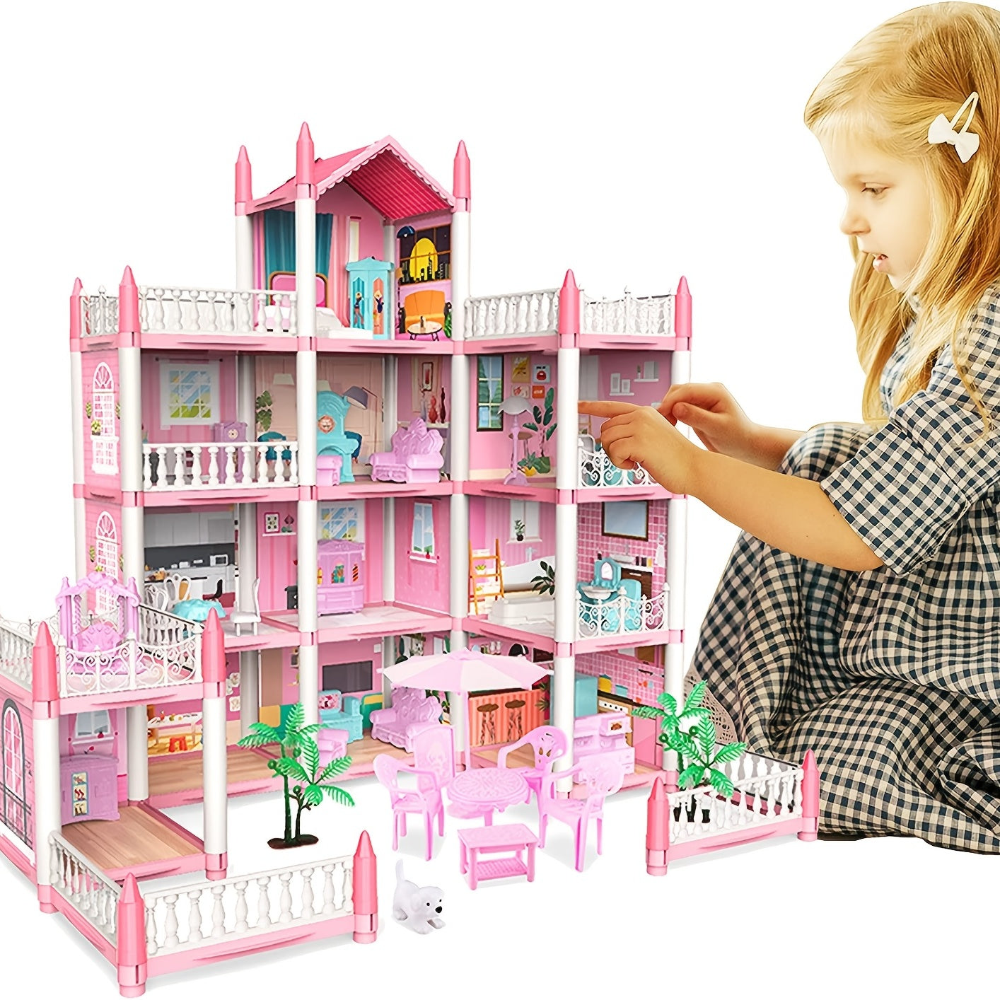 Pink doll set includes 11 rooms and furniture accessories for children's pretend games. Ideal birthday gift for girls aged 5-9.