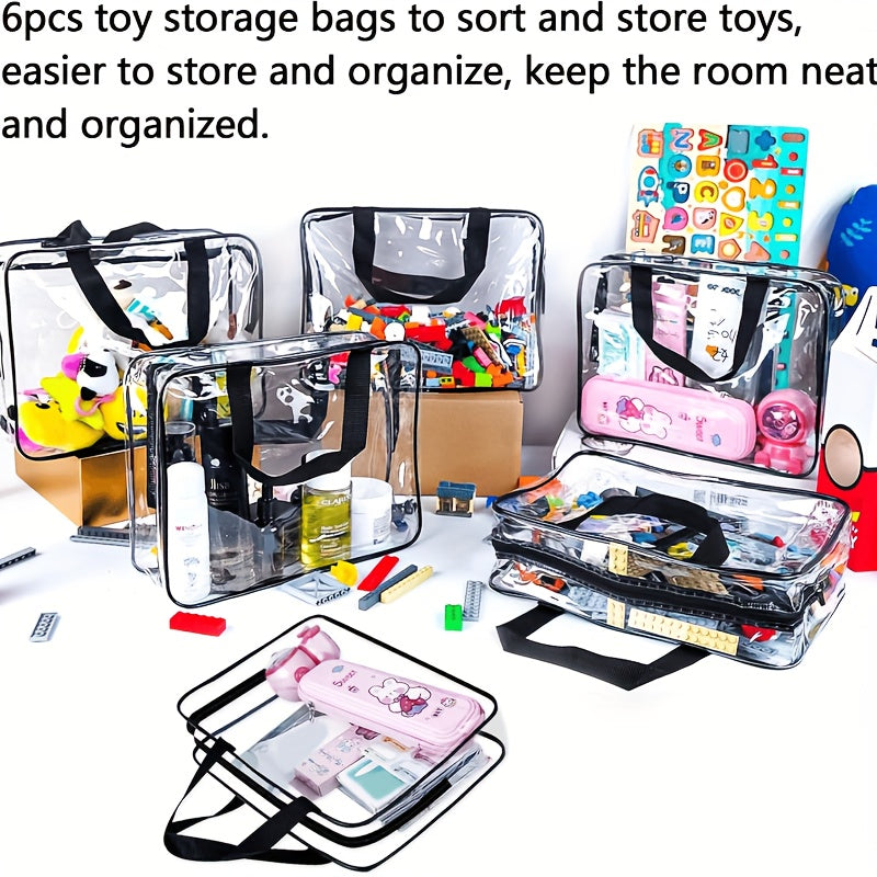 Clear PVC Toy Storage Bags with Zipper, 6-Pack - Large Size, Waterproof, Reusable Travel Organizers for Puzzle Pieces, Building Blocks, Crafts, and Books. Ideal for Unfinished Projects, Weather-Resistant, Spacious with Over 3.2 Cubic Feet Capacity and